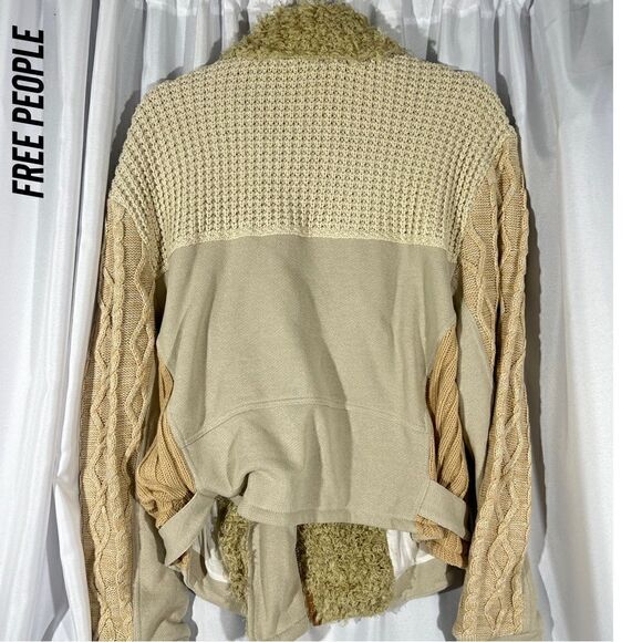 FREE PEOPLE COZY KNIT MIX MOTO JACKET NWT SIZE LARGE CREAM TAN - Picture 6 of 9